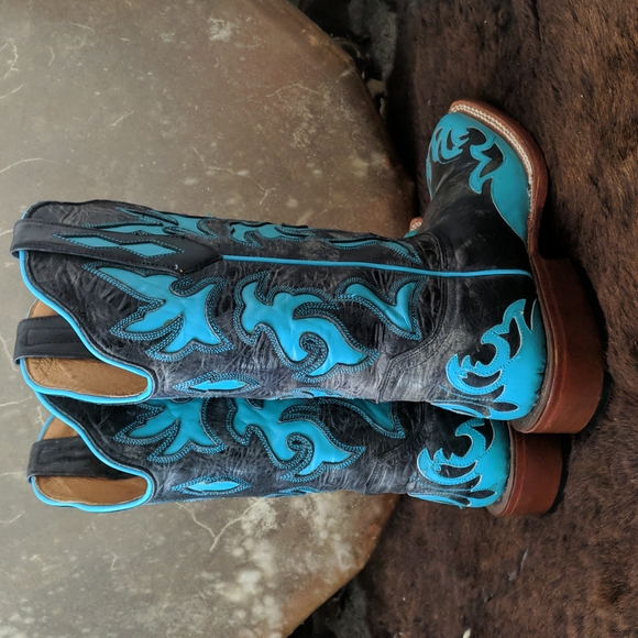 JOHNNY RINGO E1385 charcoal gray & turquoise wing tip boots square toe sz 6.5B - Picture 5 of 16